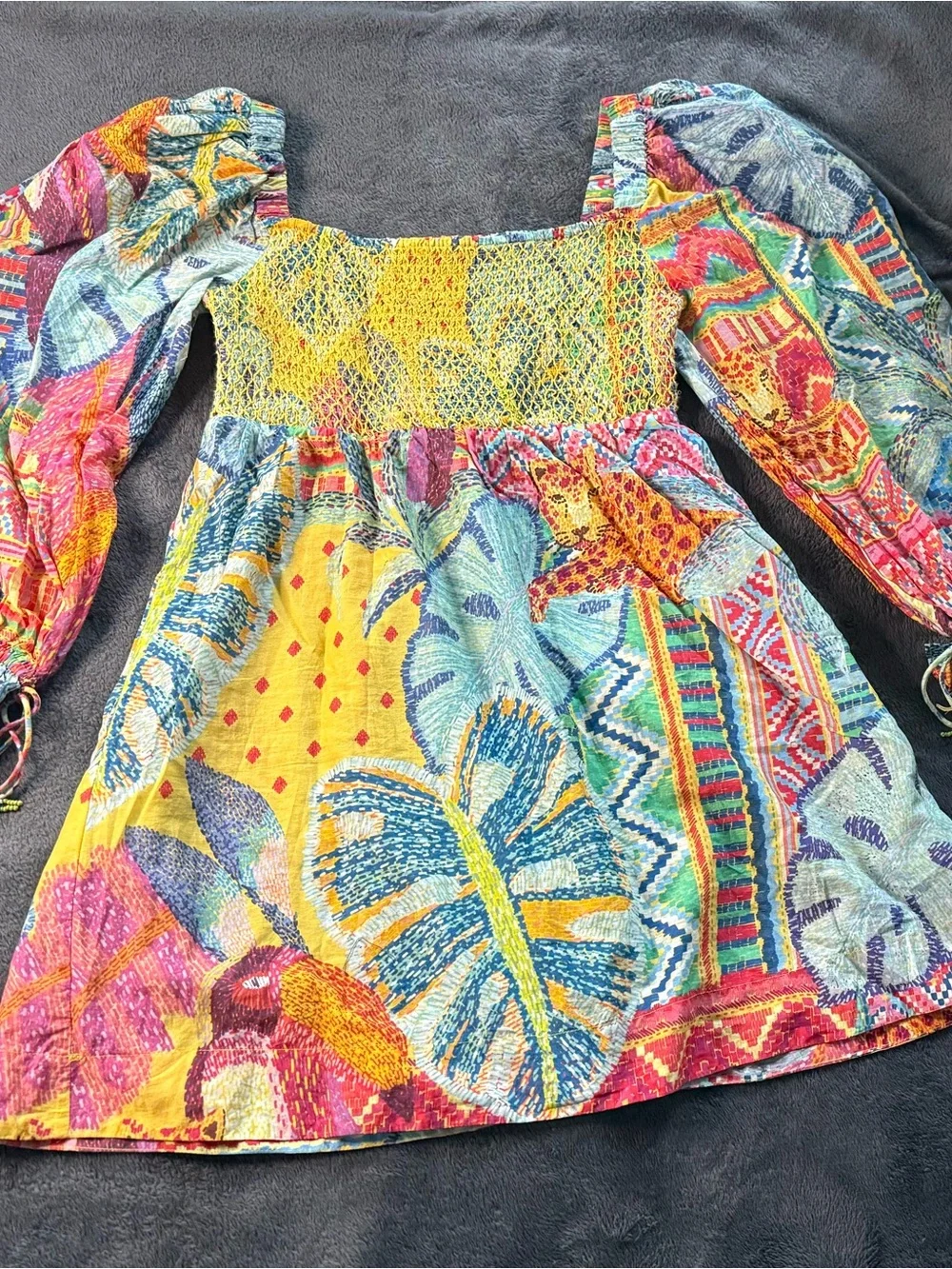 Farm Rio. Women’s Multicolor Boho Smocked Peasant dress - Picture 14 of 16
